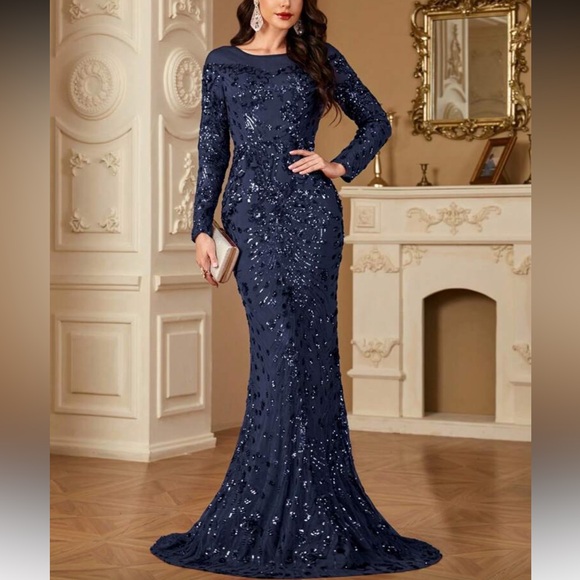 Dresses & Skirts - Elegant Blue Long Sleeve Sequin Evening Gown